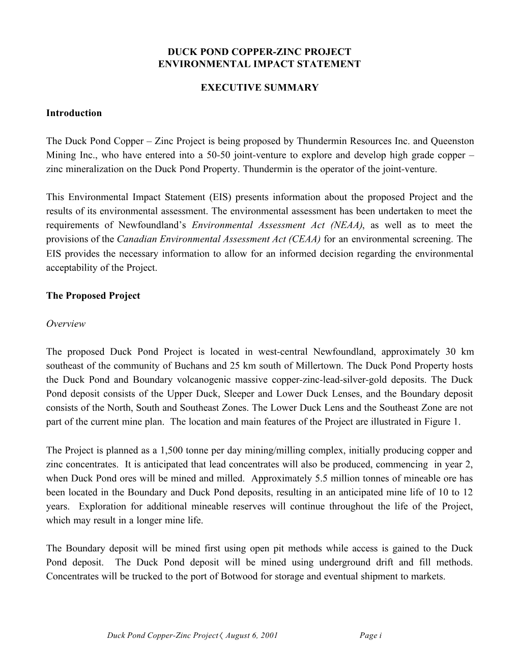 Duck Pond Copper-Zinc Project Environmental Impact Statement