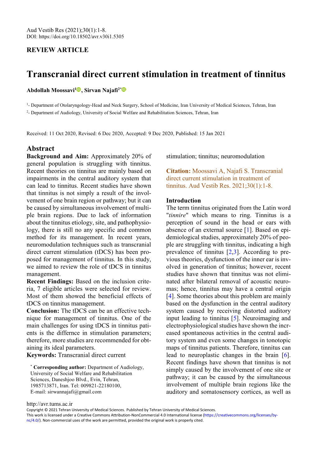Transcranial Direct Current Stimulation in Treatment of Tinnitus