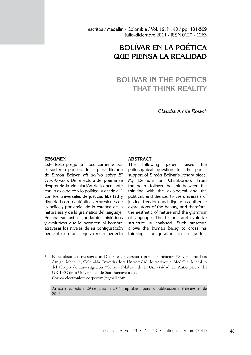 Bolívar En La Poética Que Piensa La Realidad Bolivar