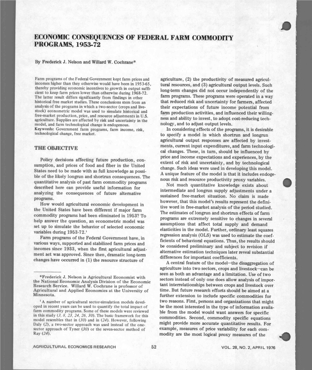 Economic Consequences of Federal Farm Commodity Programs, 1953-72