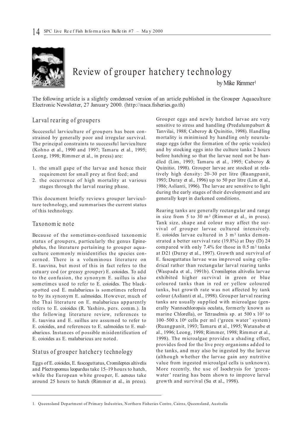 Review of Grouper Hatchery Technology by Mike Rimmer1
