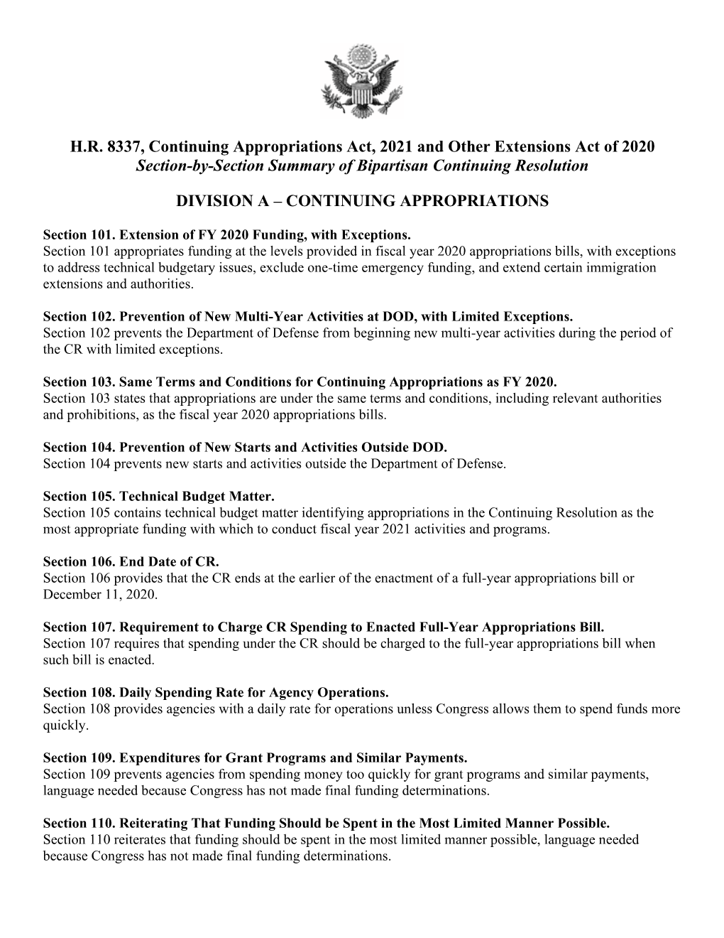 House Continuing Appropriations Act 2021