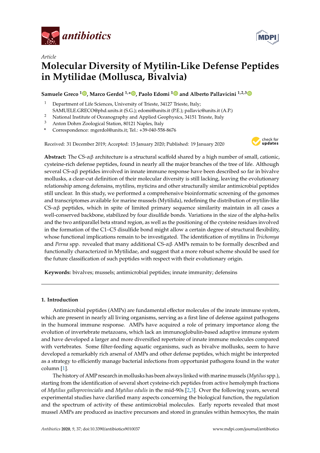 Molecular Diversity of Mytilin-Like Defense Peptides in Mytilidae (Mollusca, Bivalvia)