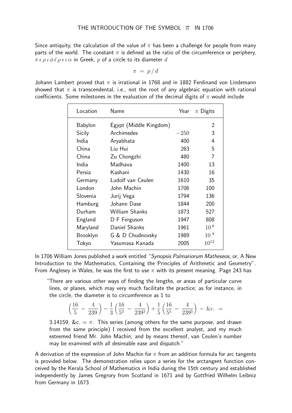 The Introduction of the Symbol Π in 1706