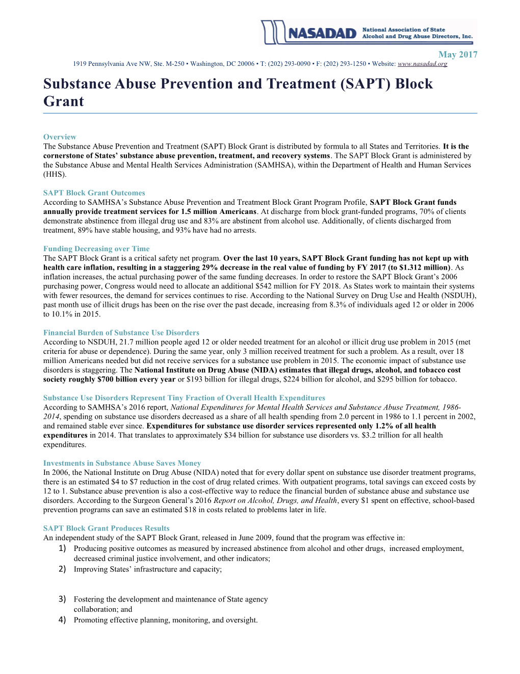 Substance Abuse Prevention and Treatment (SAPT) Block Grant