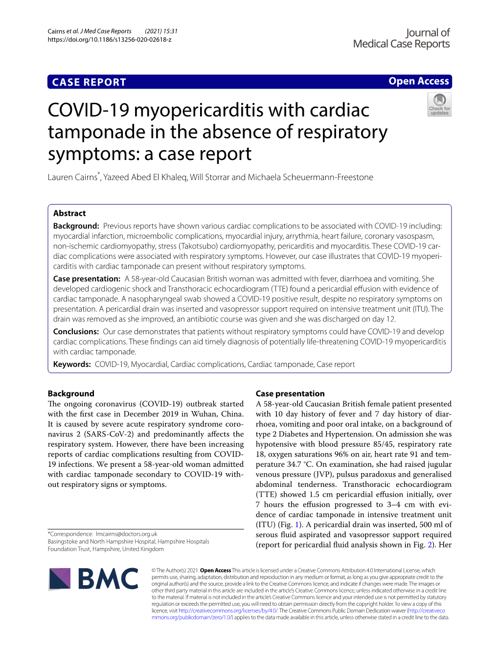 COVID-19 Myopericarditis with Cardiac Tamponade in the Absence