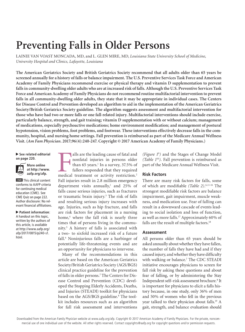 Preventing Falls in Older Persons LAINIE VAN VOAST MONCADA, MD, and L