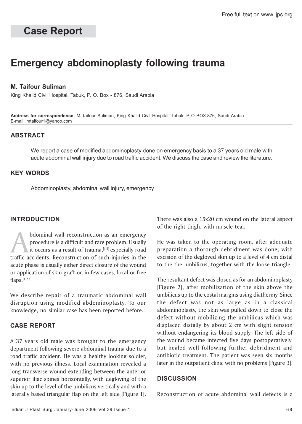 Case Report Emergency Abdominoplasty Following Trauma