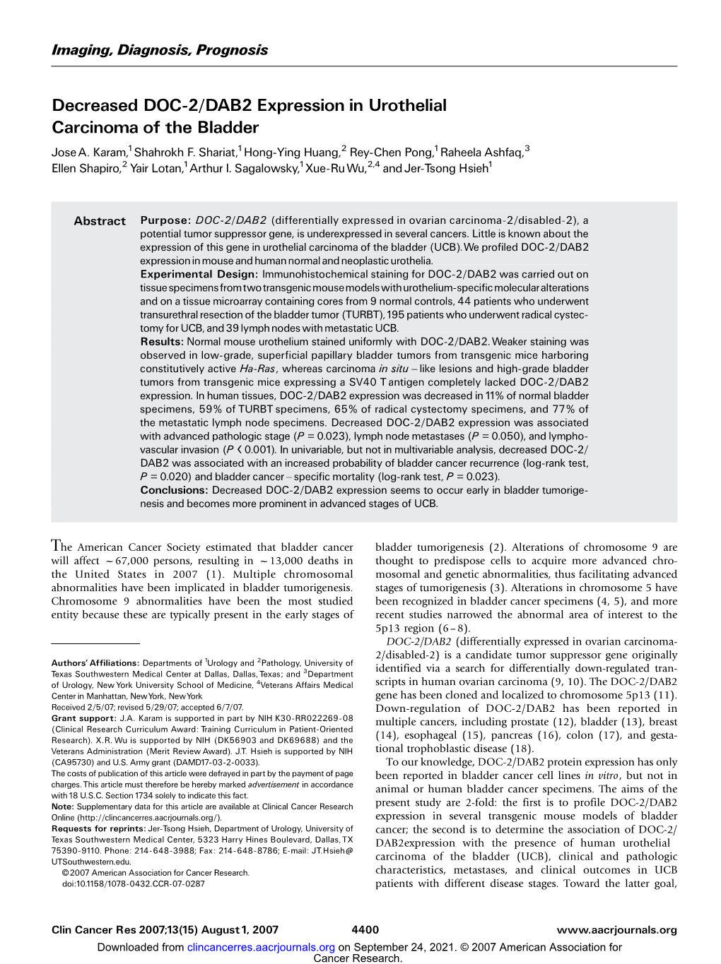 Decreased DOC-2/DAB2 Expression in Urothelial Carcinoma of the Bladder Josea