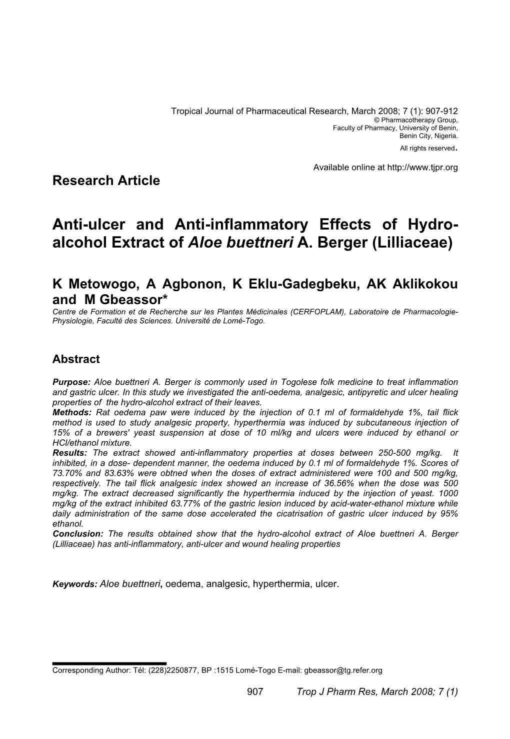 Anti-Ulcer and Anti-Inflammatory Effects of Hydro- Alcohol Extract of Aloe Buettneri A. Berger (Lilliaceae)