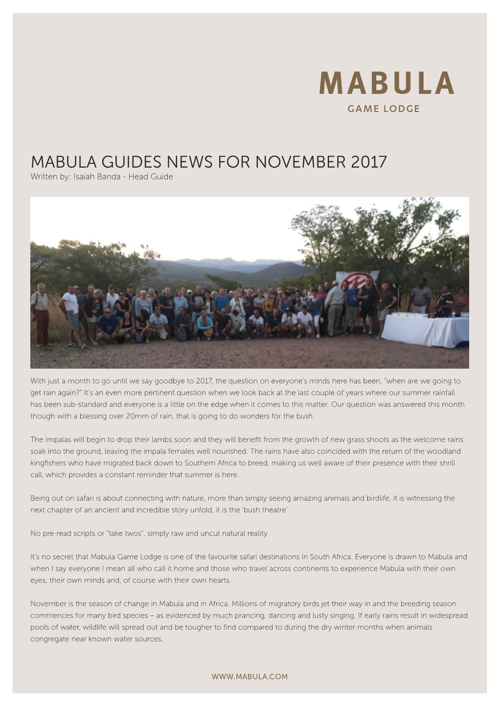 MABULA GUIDES NEWS for NOVEMBER 2017 Written By: Isaiah Banda - Head Guide