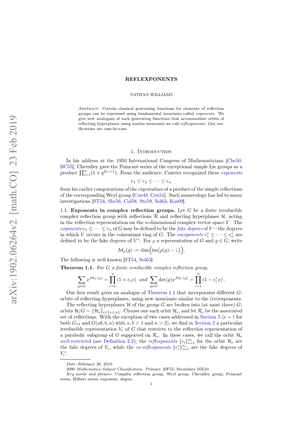 REFLEXPONENTS of ( H ,B> B A, E G I AHNWILLIAMS NATHAN =Dim := ) 1