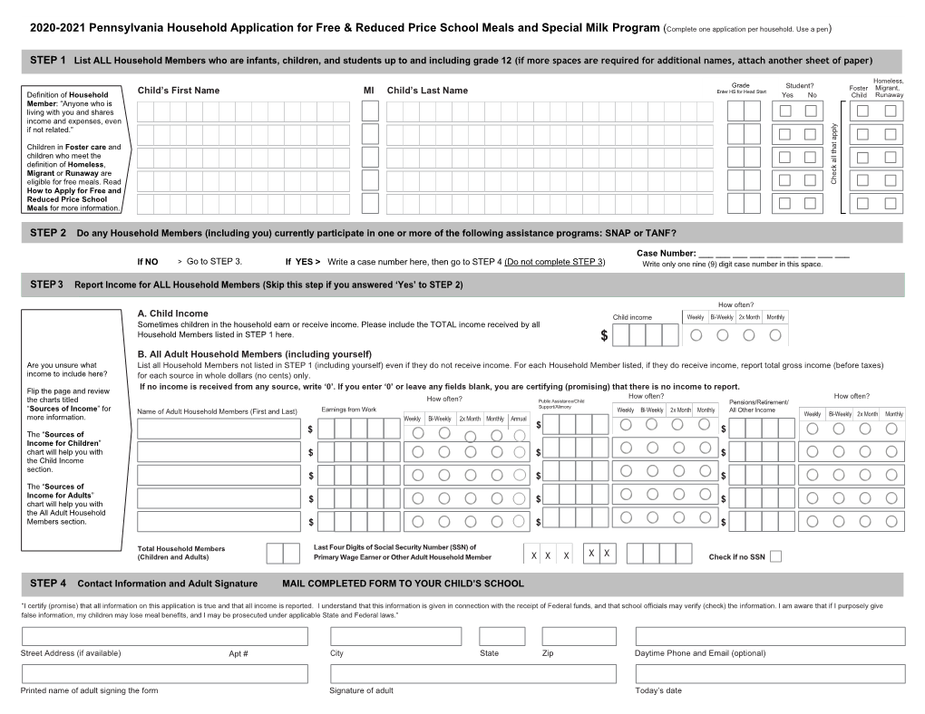2020-2021 Pennsylvania Household Application for Free & Reduced