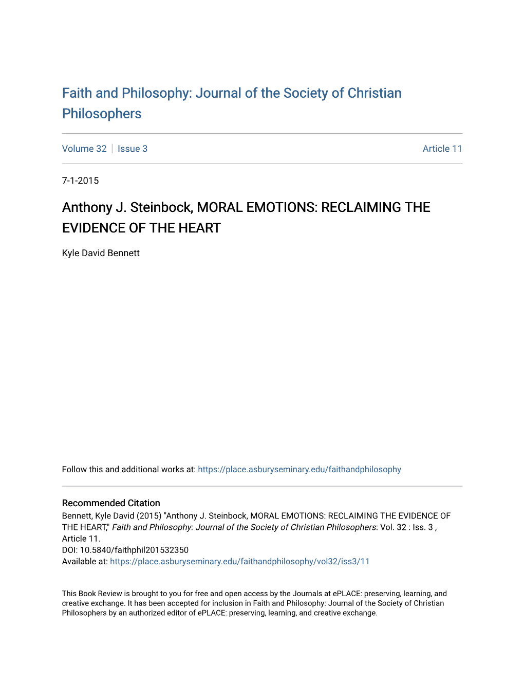 Anthony J. Steinbock, MORAL EMOTIONS: RECLAIMING the EVIDENCE of the HEART