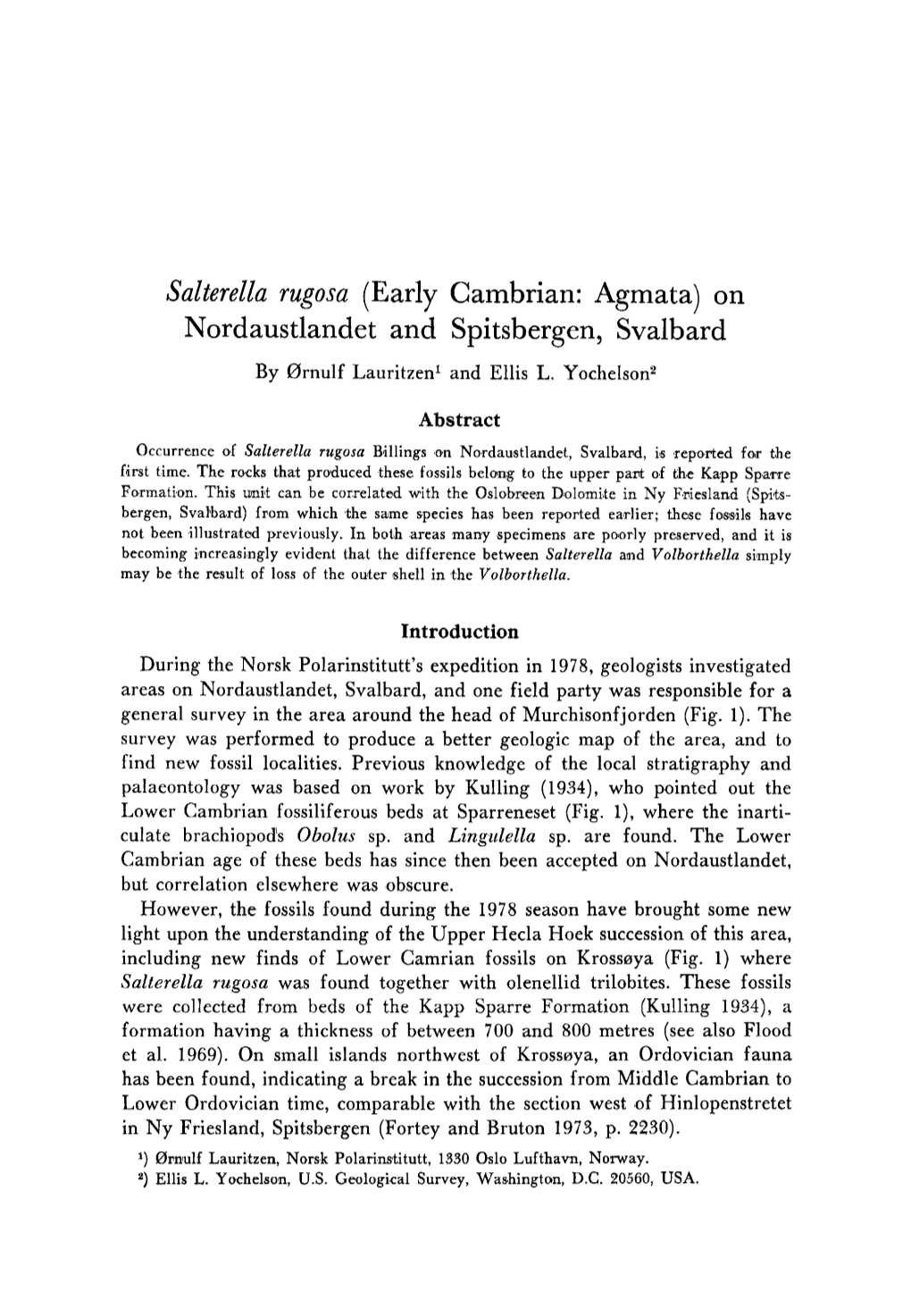 (Early Cambrian: Agmata) on Nordaustlandet and Spitsbergen, Svalbard by 0Rnulf Lauritzenl and Ellis L