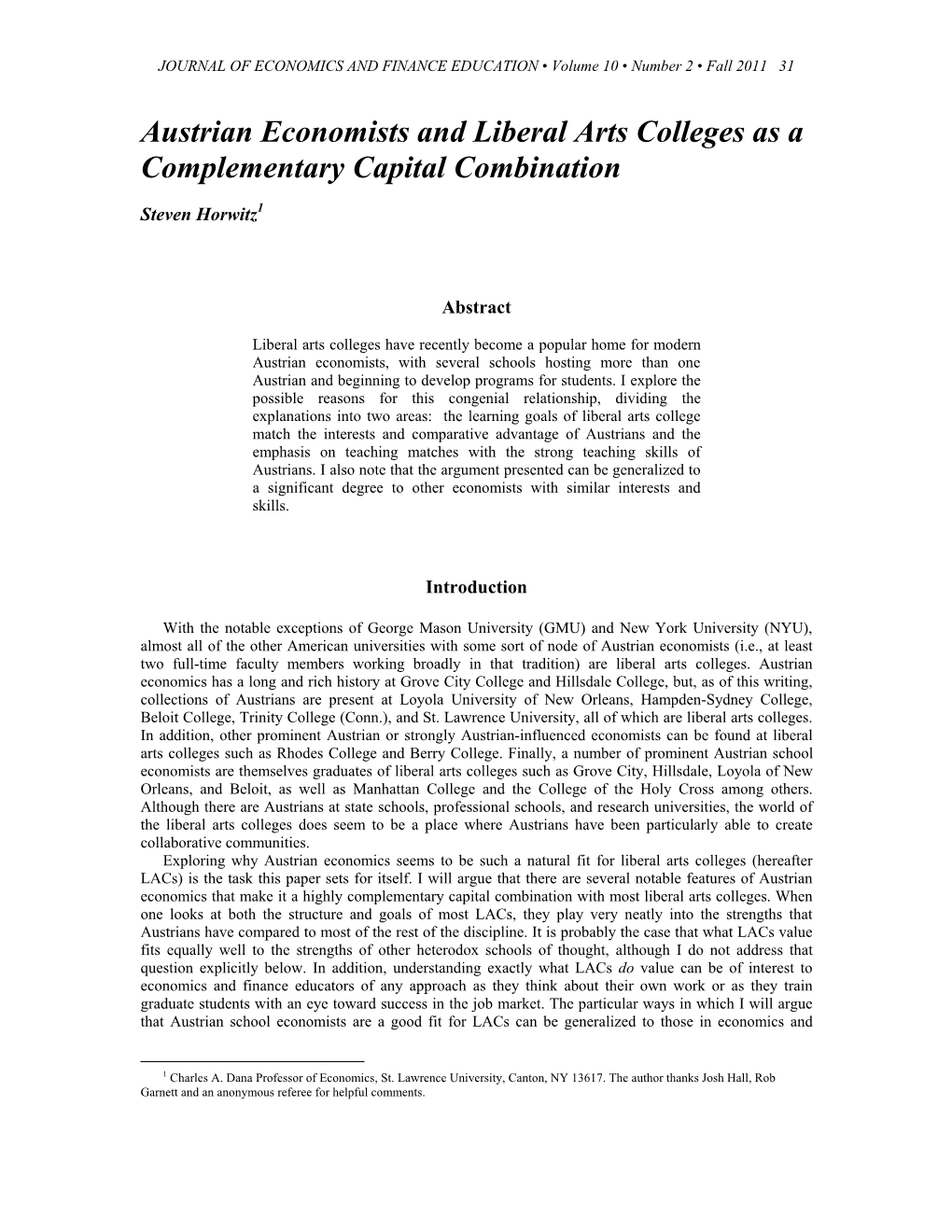 Austrian Economists and Liberal Arts Colleges As a Complementary Capital Combination