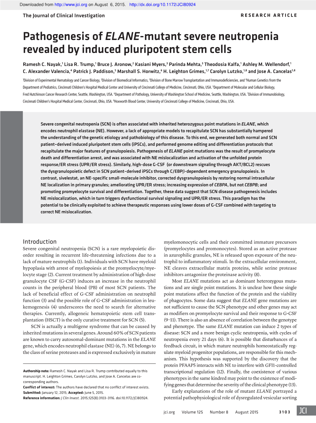 Pathogenesis of ELANE-Mutant Severe Neutropenia Revealed by Induced Pluripotent Stem Cells