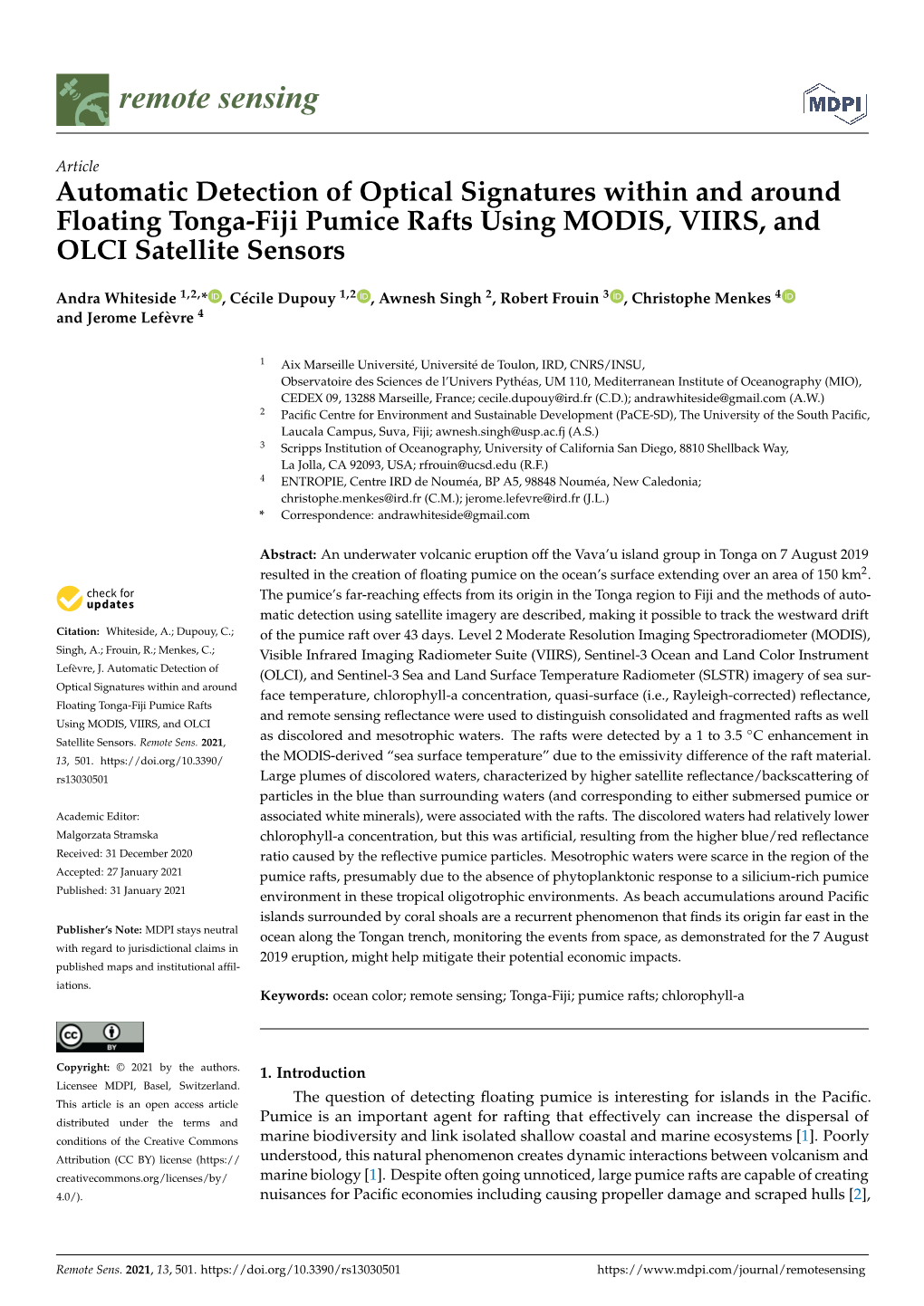 Automatic Detection of Optical Signatures Within and Around Floating Tonga-Fiji Pumice Rafts Using MODIS, VIIRS, and OLCI Satellite Sensors