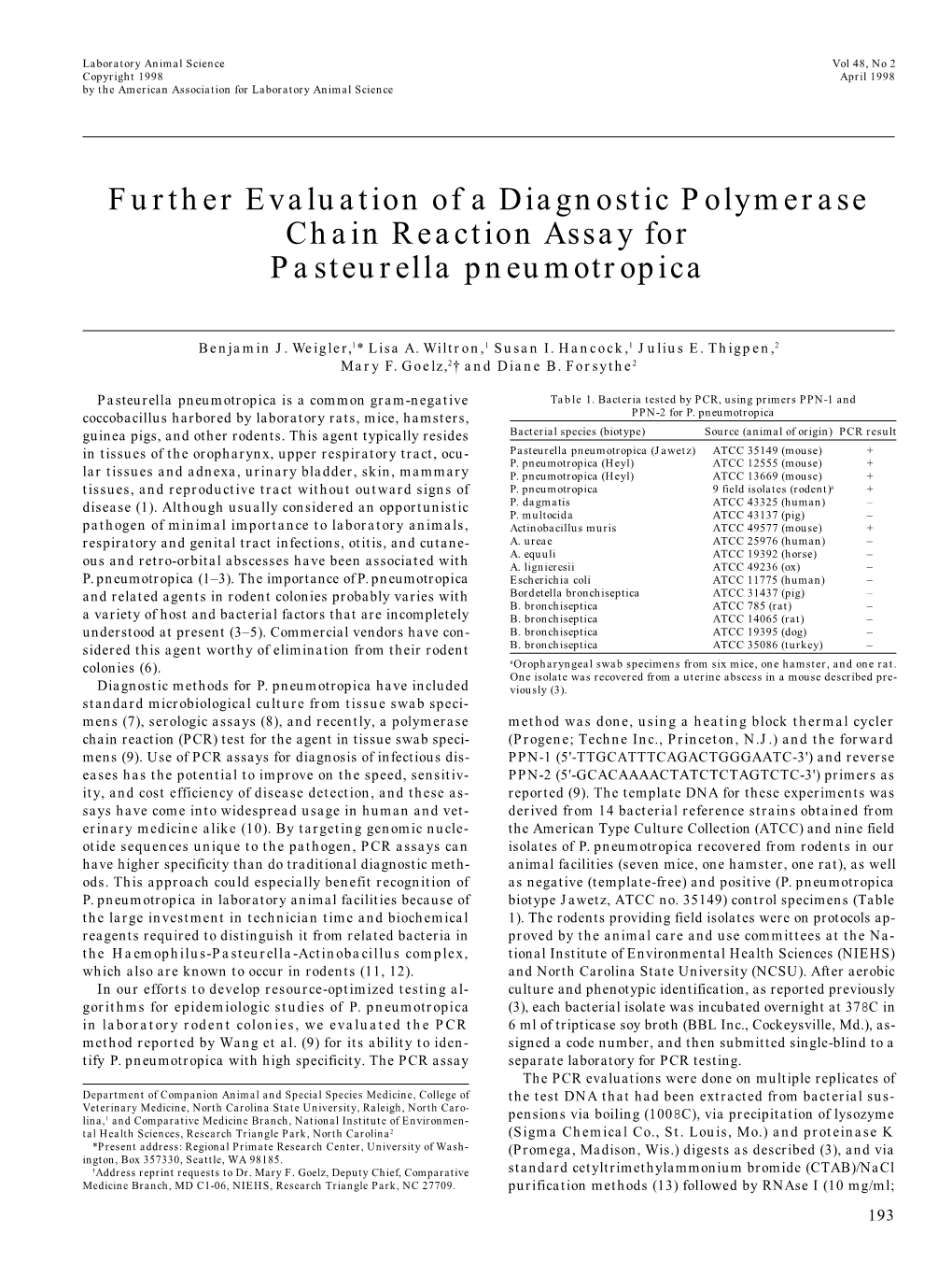 &lt;I&gt;Pasteurella Pneumotropica&lt;/I&gt;