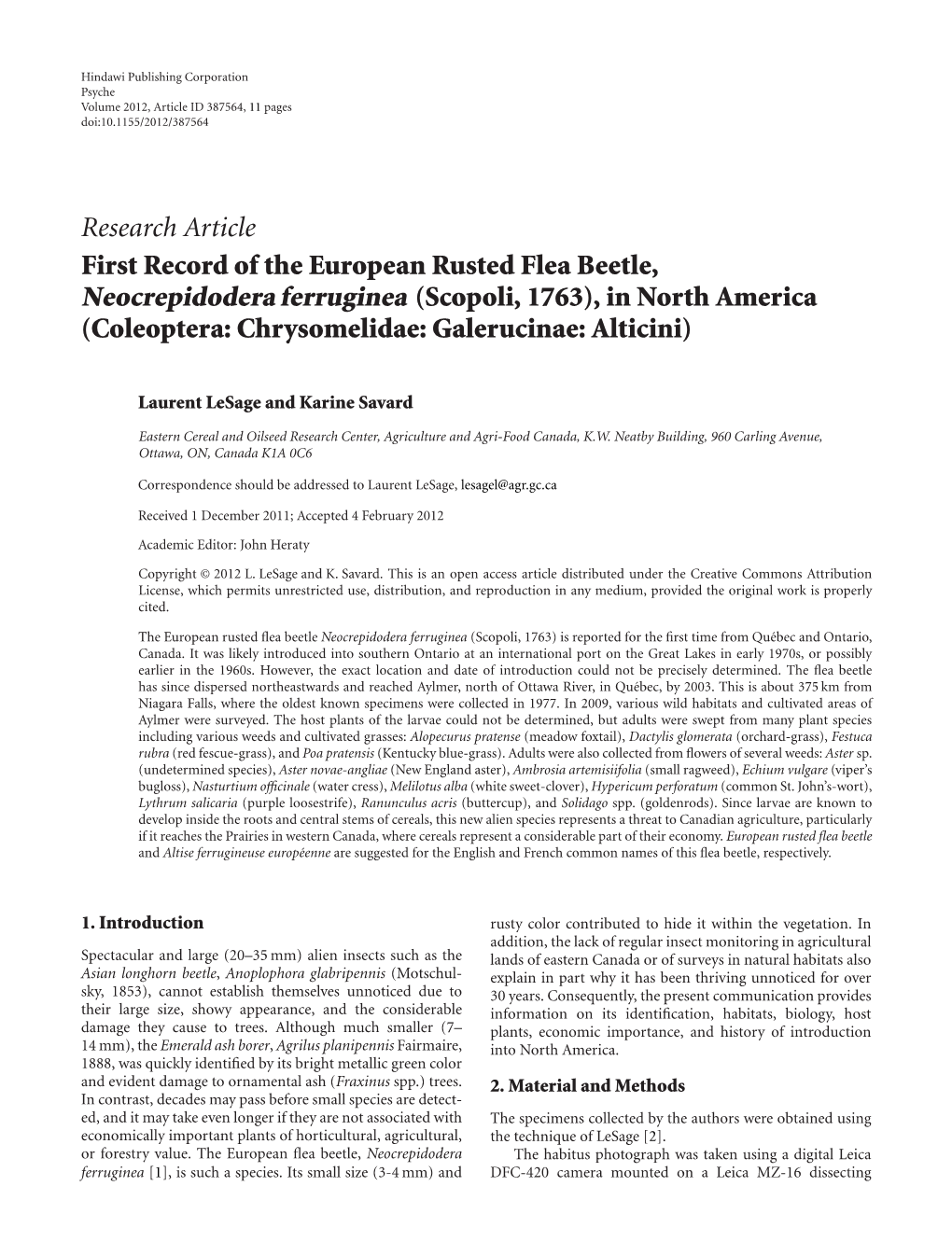 First Record of the European Rusted Flea Beetle, Neocrepidodera Ferruginea (Scopoli, 1763), in North America (Coleoptera: Chrysomelidae: Galerucinae: Alticini)