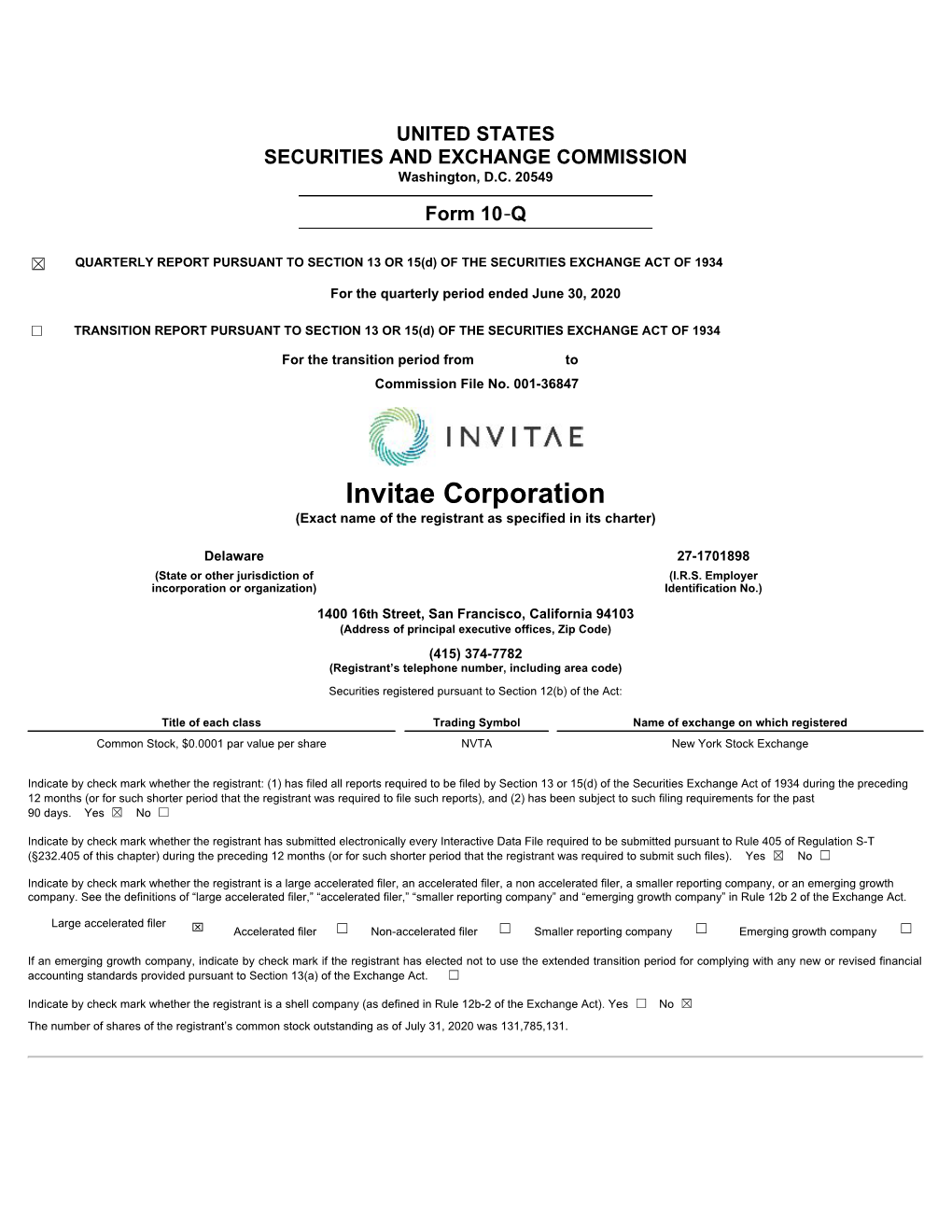 Invitae Corporation (Exact Name of the Registrant As Specified in Its Charter)