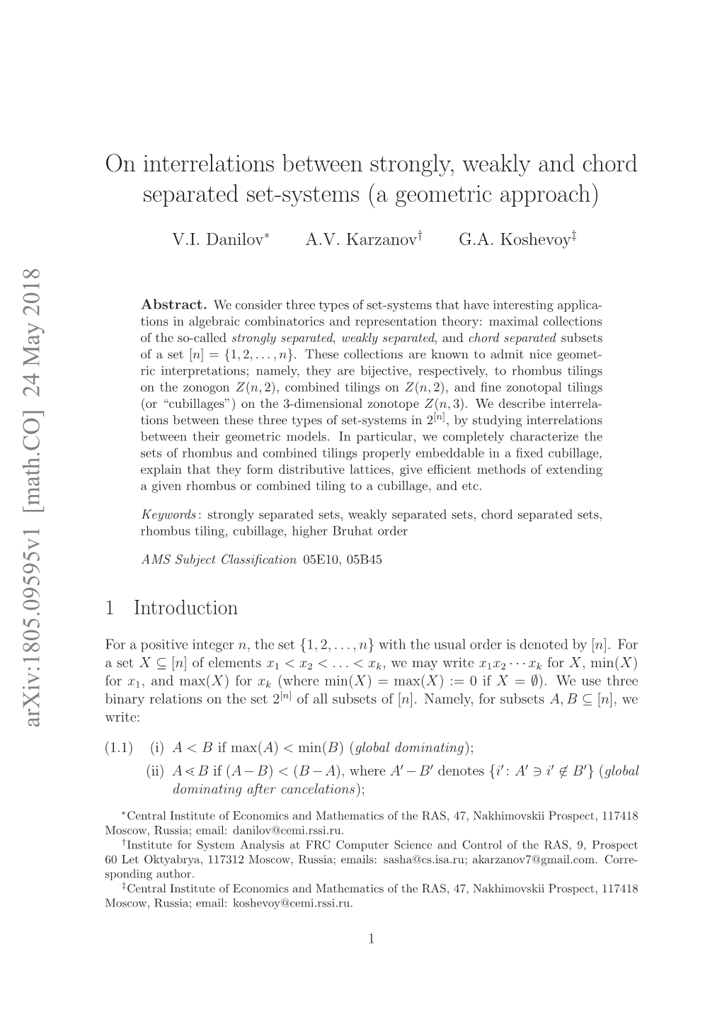 On Interrelations Between Strongly, Weakly and Chord Separated Set