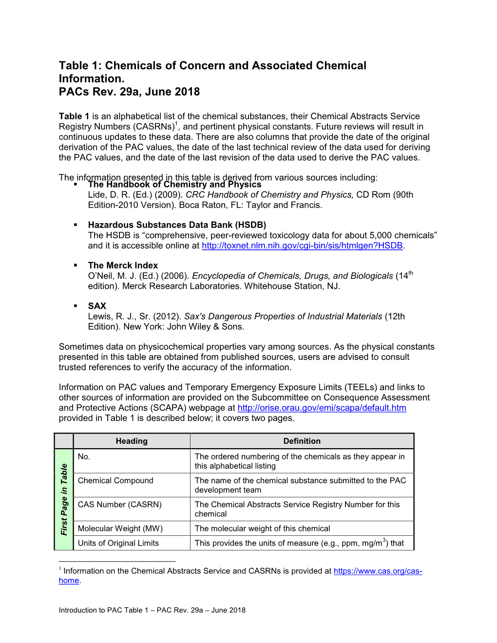 Table 1: Chemicals of Concern and Associated Chemical Information