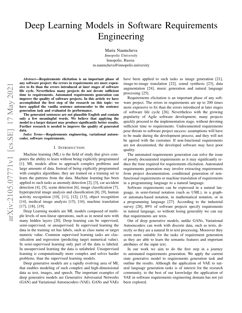 Deep Learning Models in Software Requirements Engineering