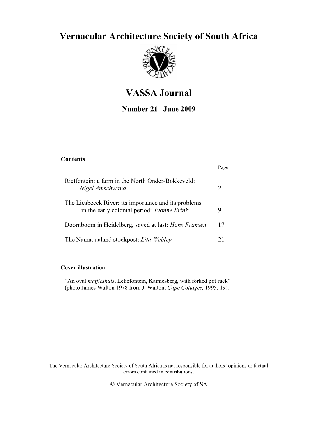 Vernacular Architecture Society of South Africa VASSA Journal