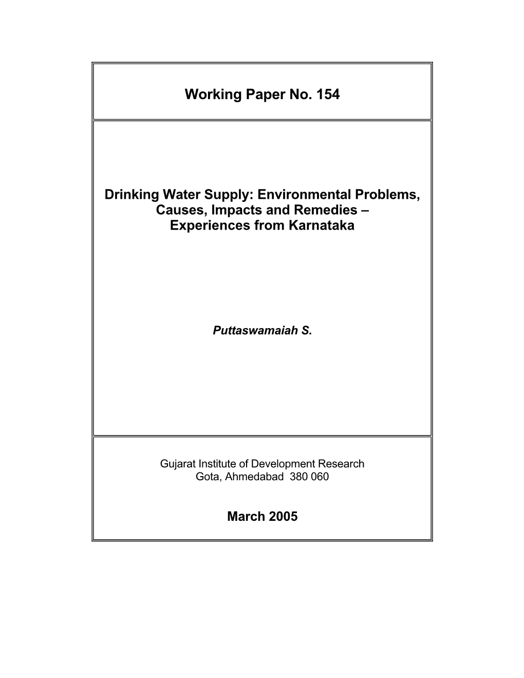 Working Paper No. 154 Drinking Water Supply