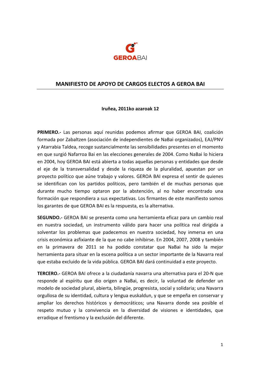 Manifiesto De Apoyo De Cargos Electos a Geroa Bai