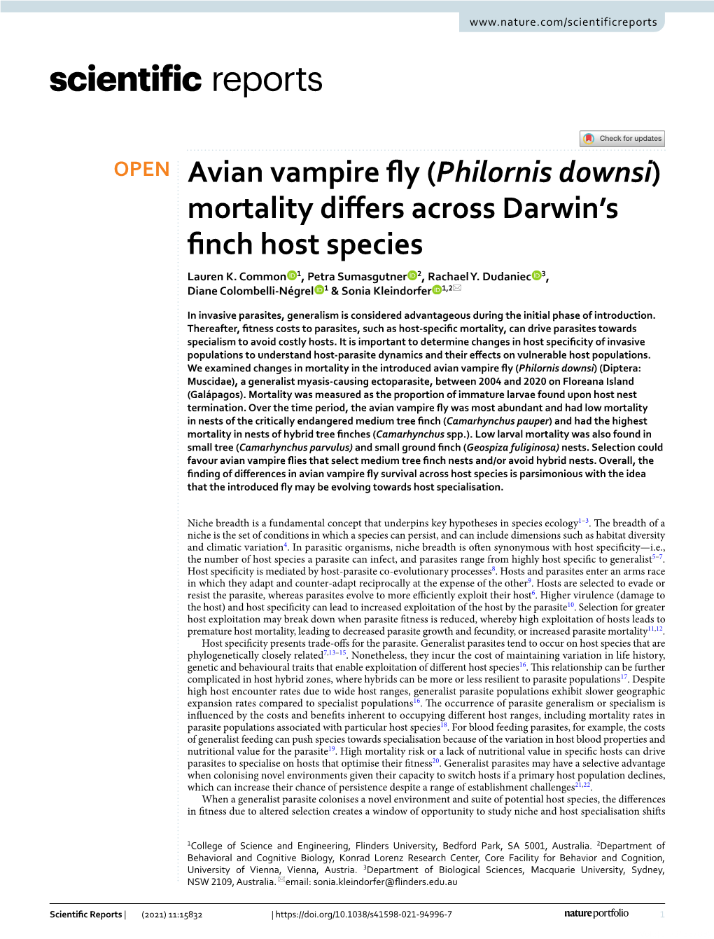 Philornis Downsi) Mortality Difers Across Darwin’S Fnch Host Species Lauren K