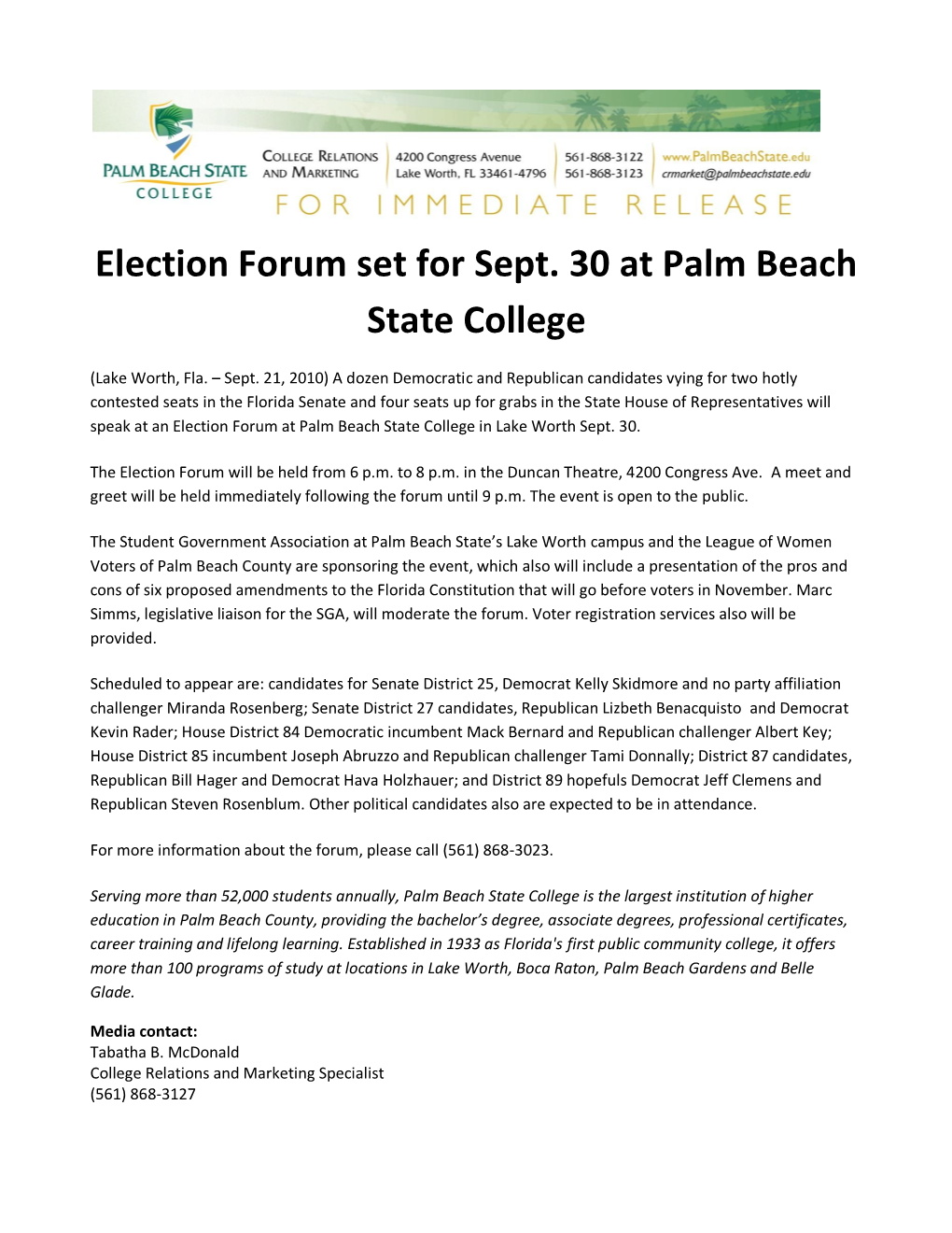 Election Forum Set for Sept. 30 at Palm Beach State College