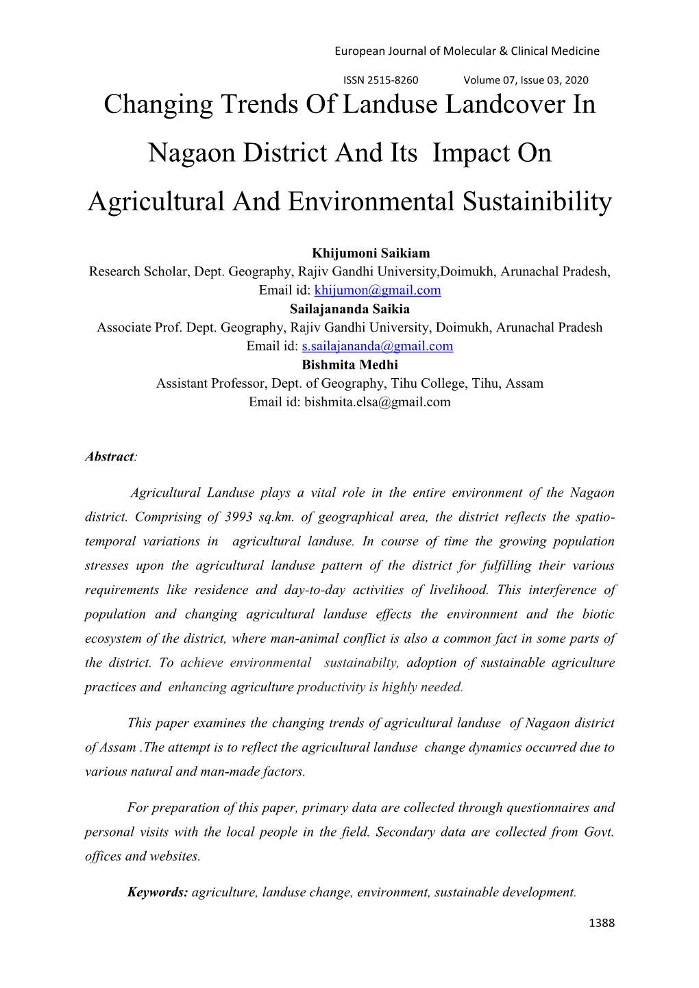 Changing Trends of Landuse Landcover in Nagaon District and Its Impact on Agricultural and Environmental Sustainibility