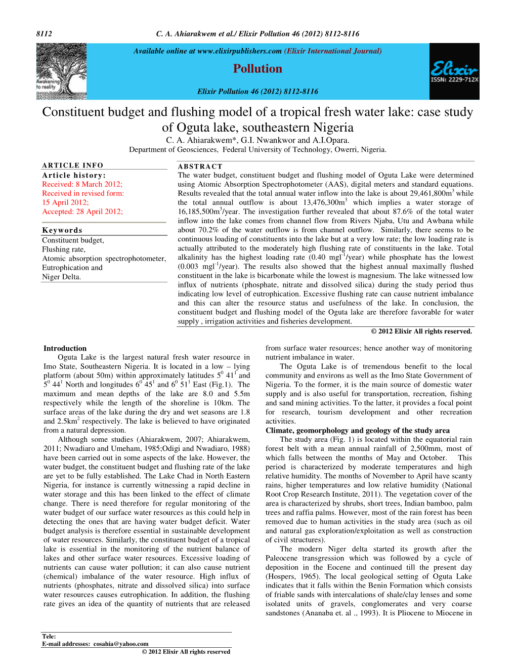 Case Study of Oguta Lake, Southeastern Nigeria C