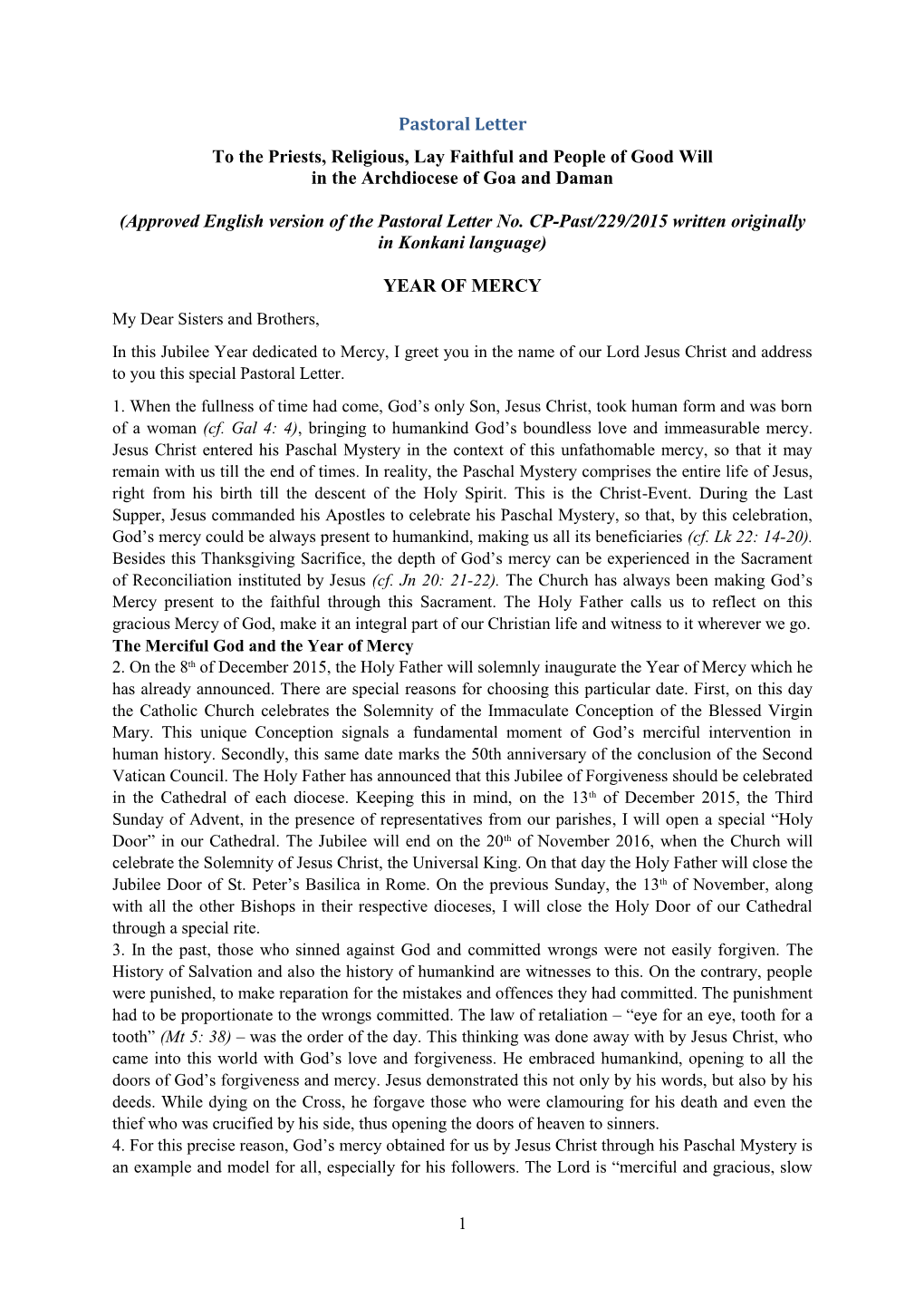 Pastoral Letter to the Priests, Religious, Lay Faithful and People of Good Will in the Archdiocese of Goa and Daman (Approved En