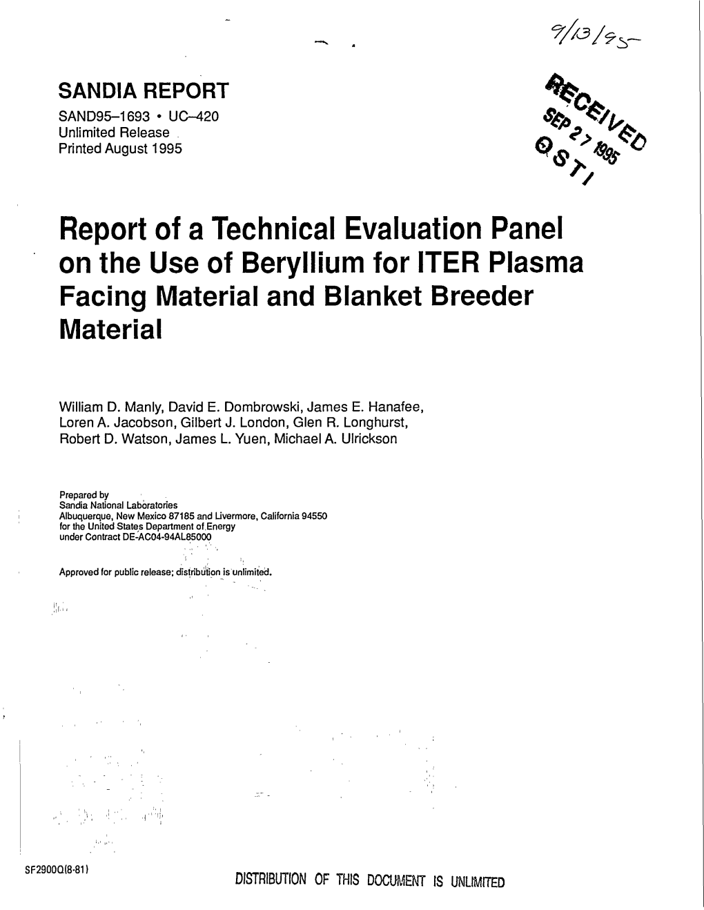 Report of a Technical Evaluation Panel on the Use of Beryllium for ITER Plasma Facing Material and Blanket Breeder Material