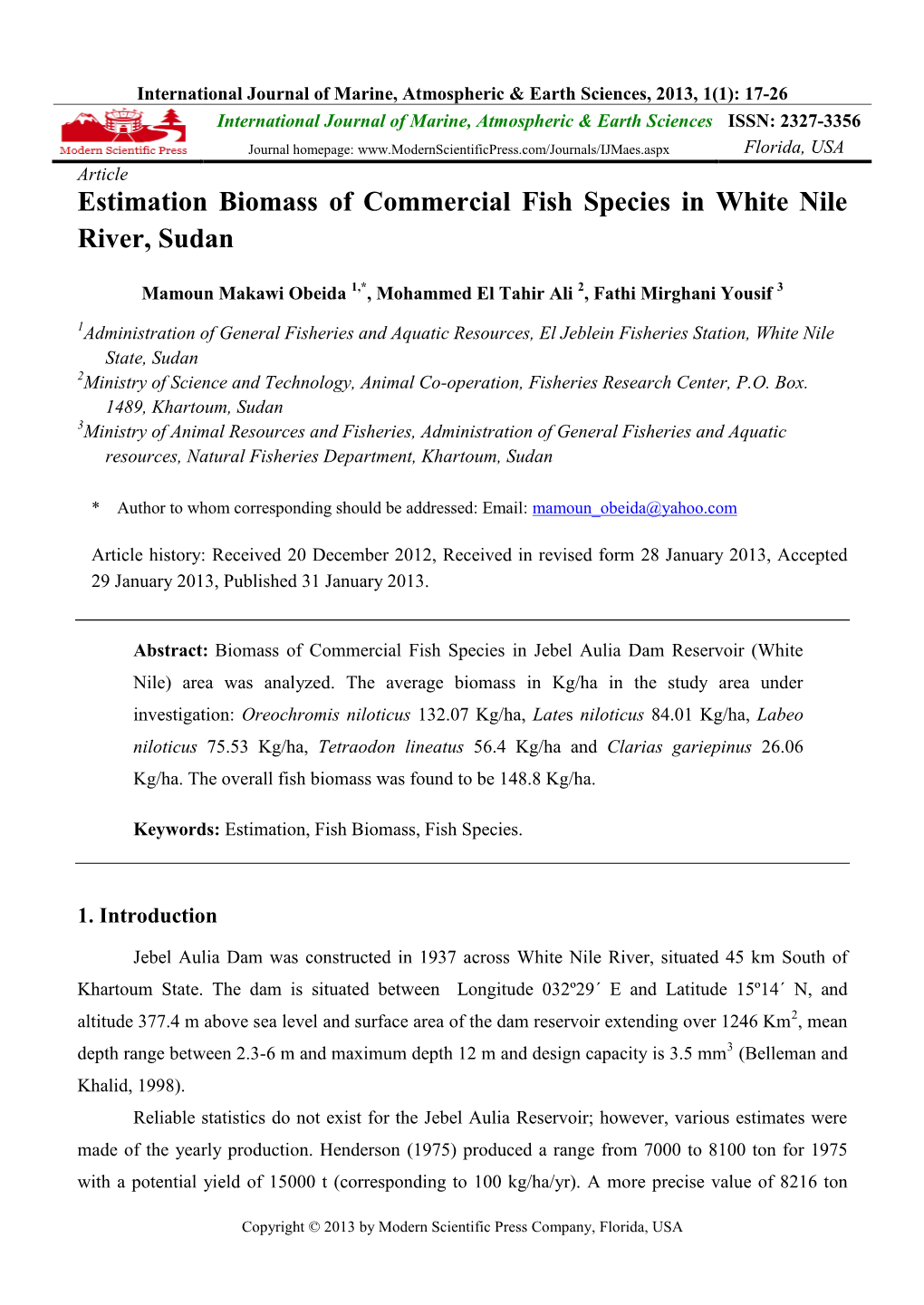 Estimation Biomass of Commercial Fish Species in White Nile River, Sudan