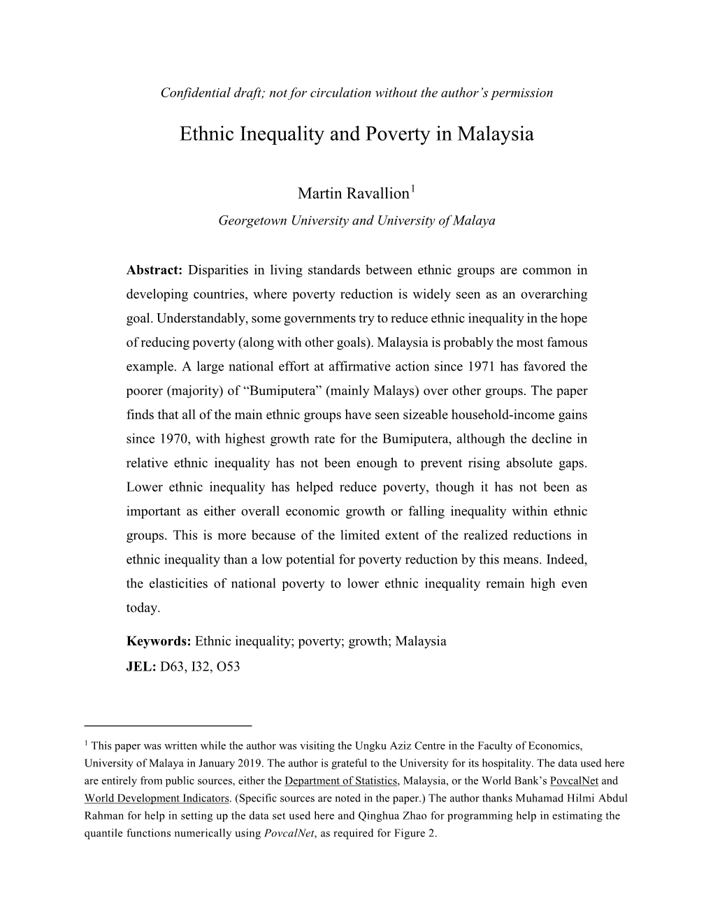 Ethnic Inequality and Poverty in Malaysia
