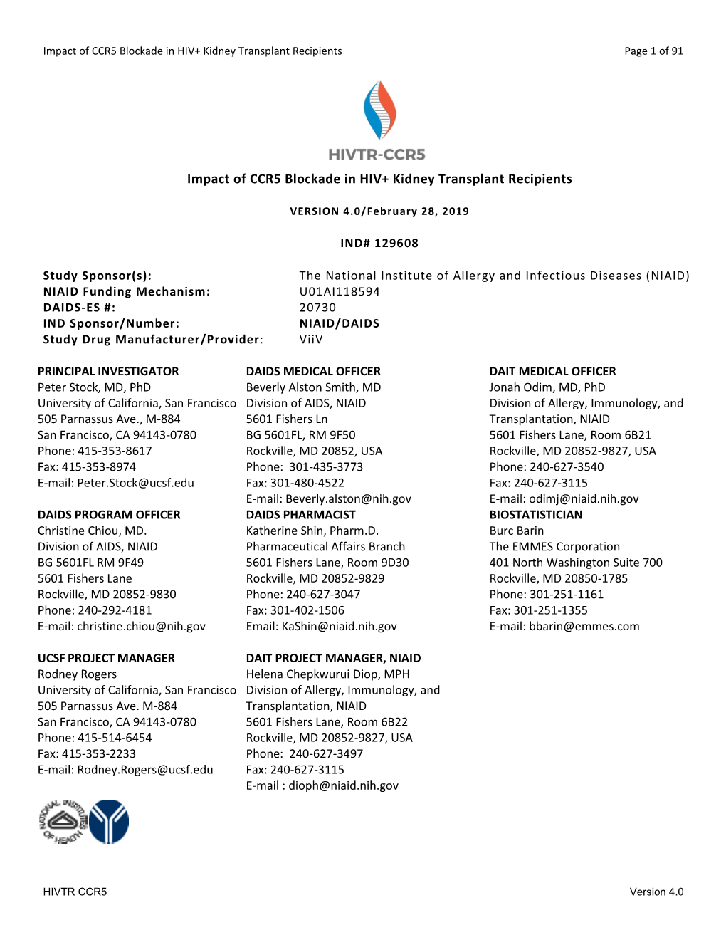 Impact of CCR5 Blockade in HIV+ Kidney Transplant Recipients Page 1 of 91