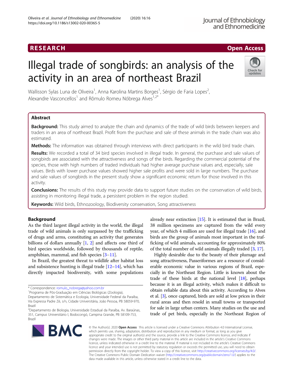 Illegal Trade of Songbirds: an Analysis of the Activity in an Area of Northeast