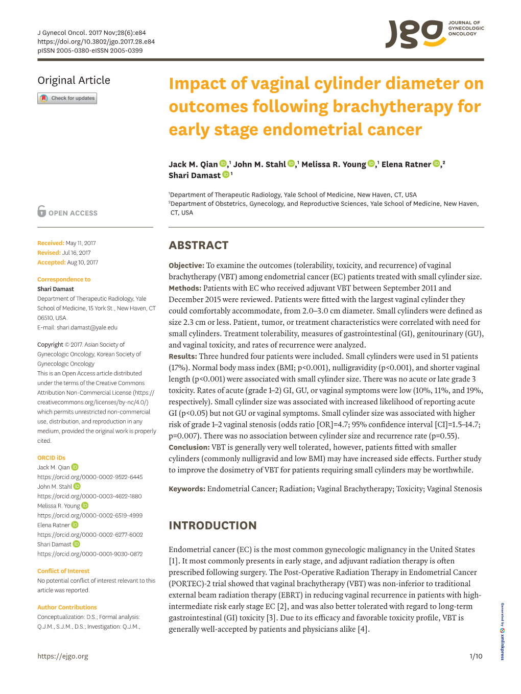 Impact of Vaginal Cylinder Diameter on Outcomes Following Brachytherapy for Early Stage Endometrial Cancer