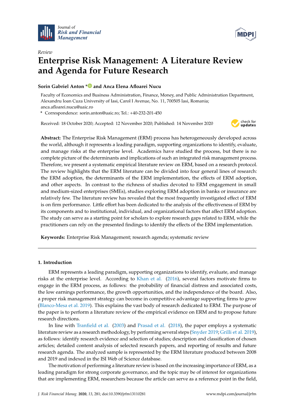 Enterprise Risk Management: a Literature Review and Agenda for Future Research
