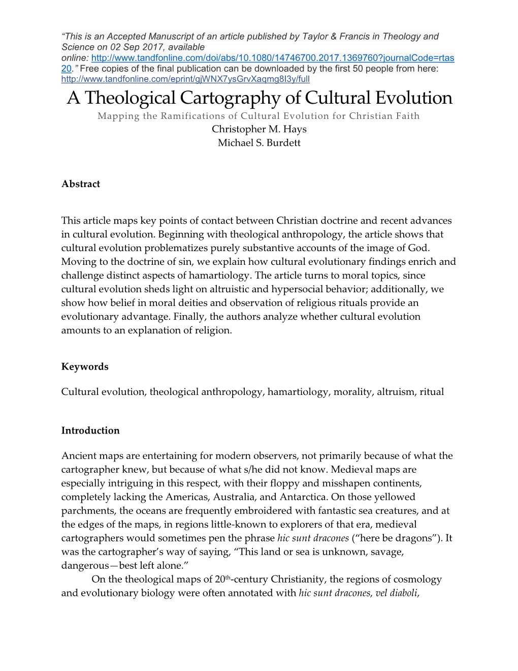 A Theological Cartography of Cultural Evolution Mapping the Ramifications of Cultural Evolution for Christian Faith Christopher M