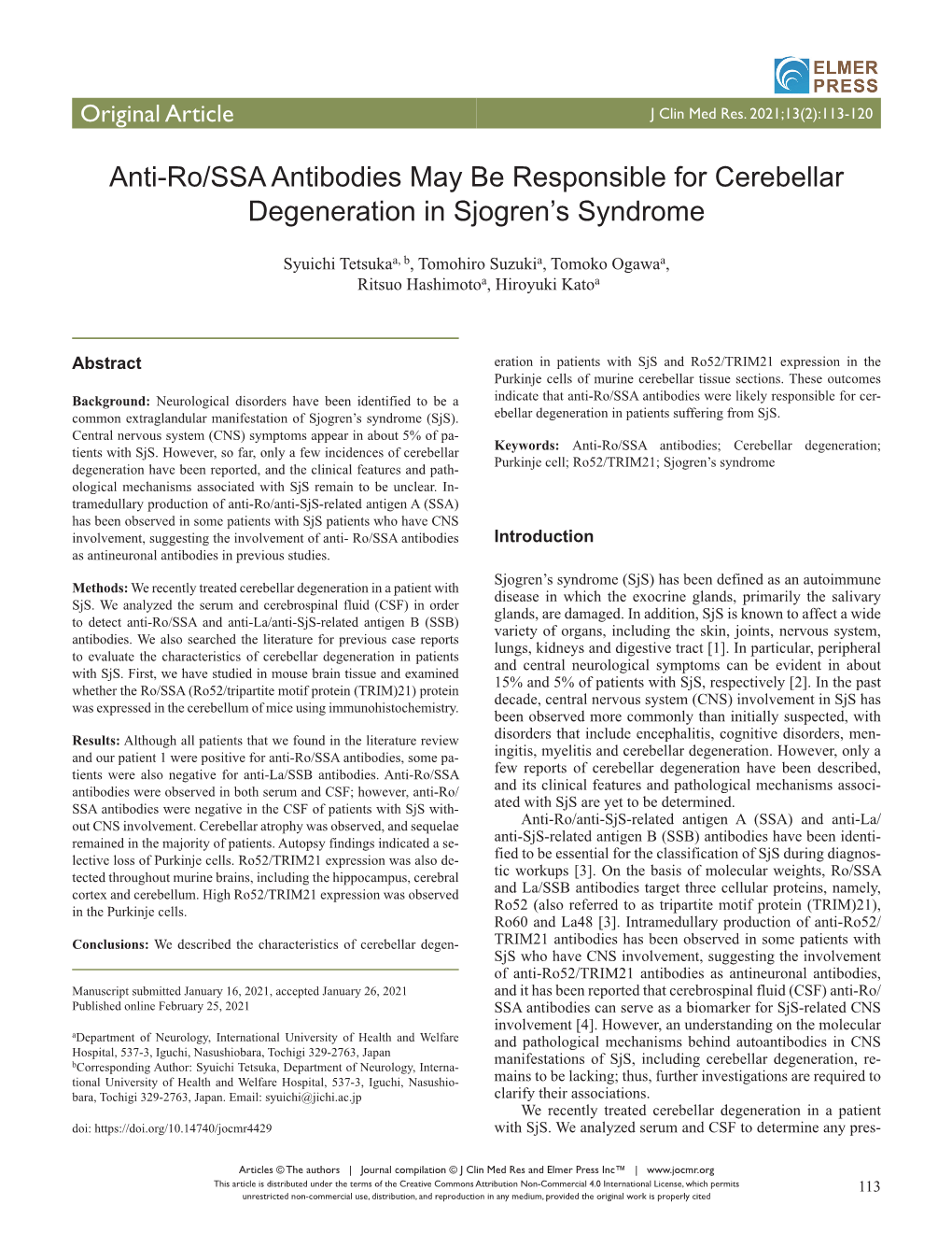 Anti-Ro/SAA Antibodies May Be Responsible for Cerebellar Degeneration in Sjogren's Syndrome