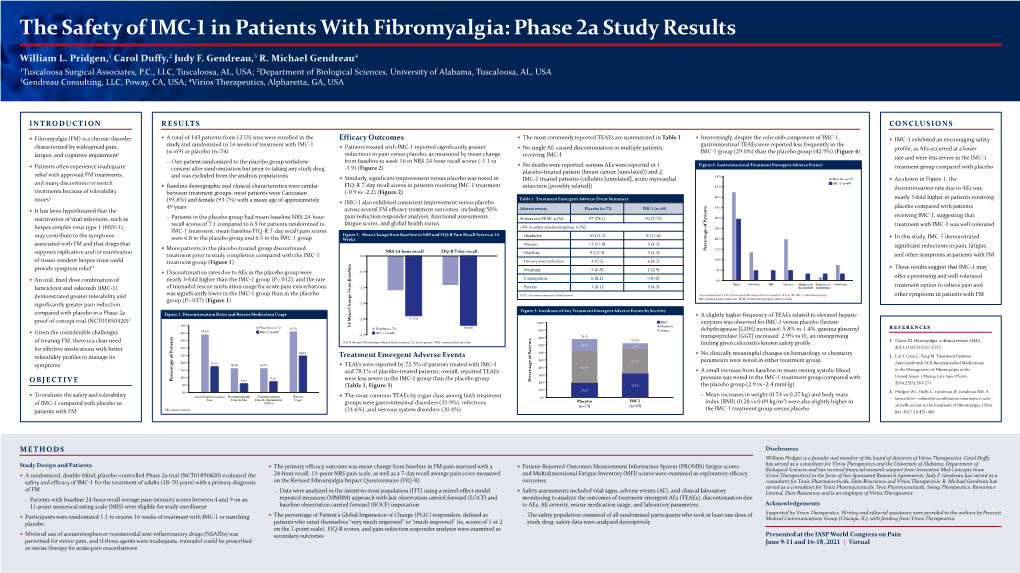 The Safety of IMC‑1 in Patients with Fibromyalgia: Phase 2A Study Results
