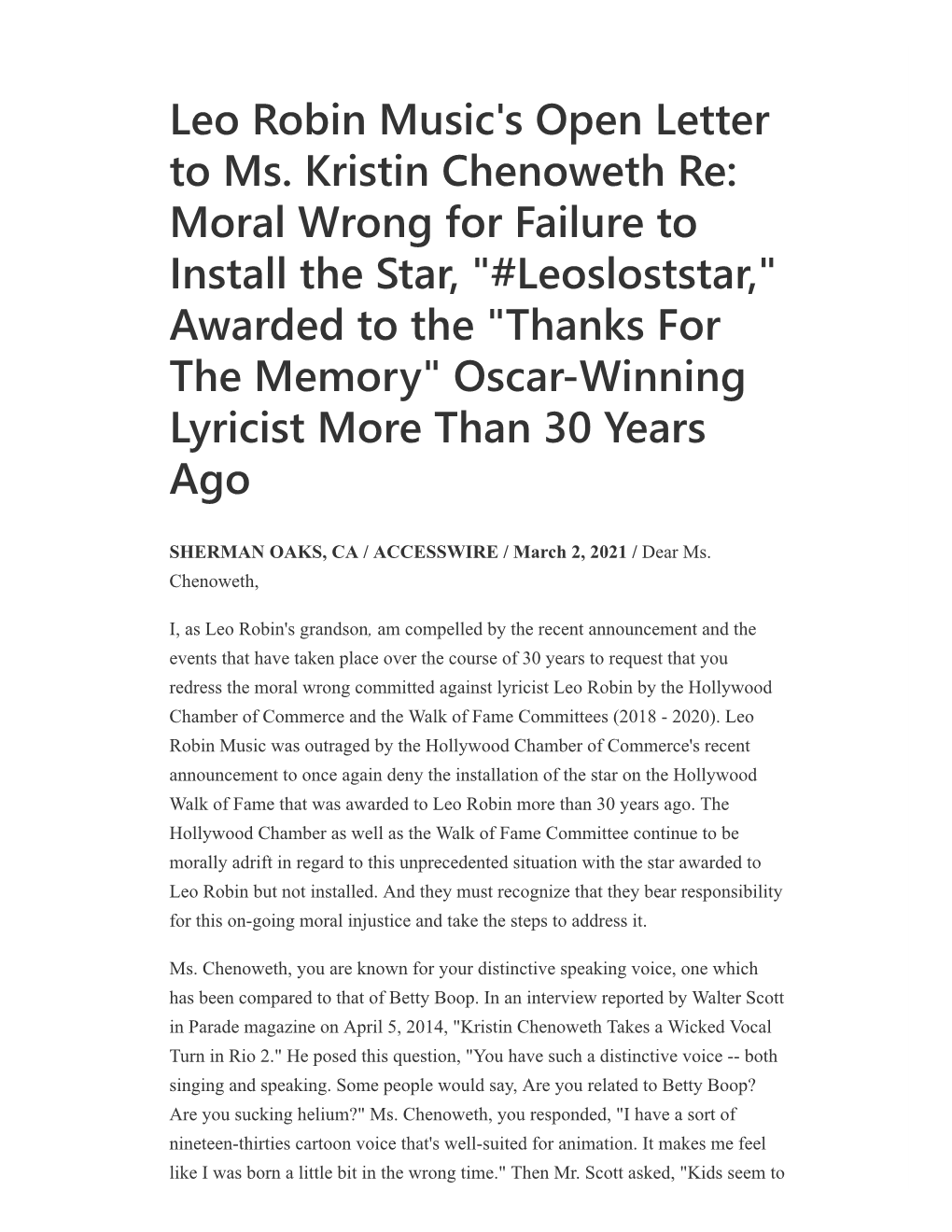 Leo Robin Music's Open Letter to Ms. Kristin Chenoweth Re: Moral Wrong