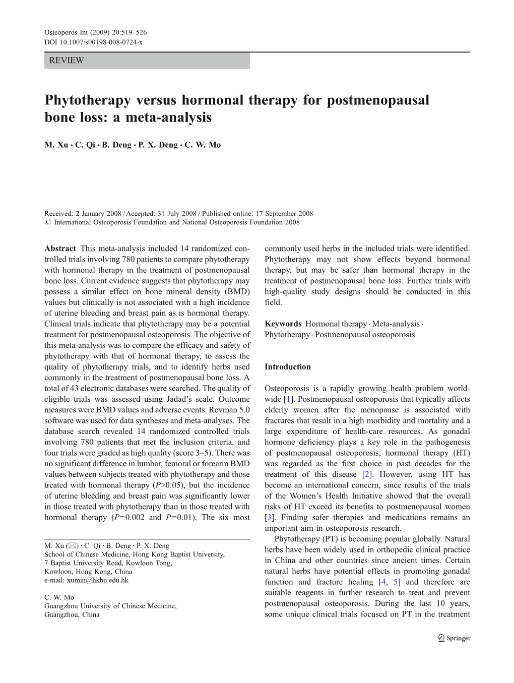 Phytotherapy Versus Hormonal Therapy for Postmenopausal Bone Loss: a Meta-Analysis