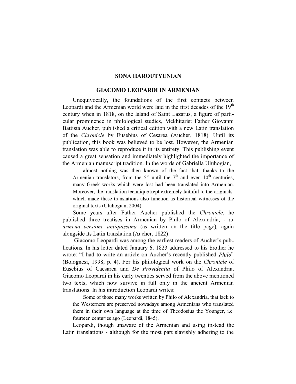 SONA HAROUTYUNIAN GIACOMO LEOPARDI in ARMENIAN Unequivocally, the Foundations of the First Contacts Between Leopardi and The