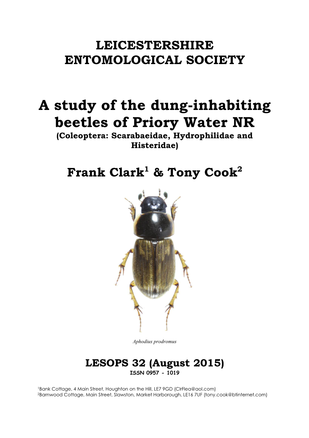 A Study of the Dung-Inhabiting Beetles of Priory Water NR (Coleoptera: Scarabaeidae, Hydrophilidae and Histeridae)